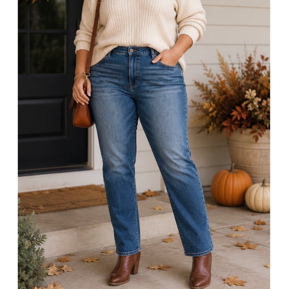 KanCan High Rise Straight Leg Jeans Medium Wash Stretch Denim Size 32 ButterMom